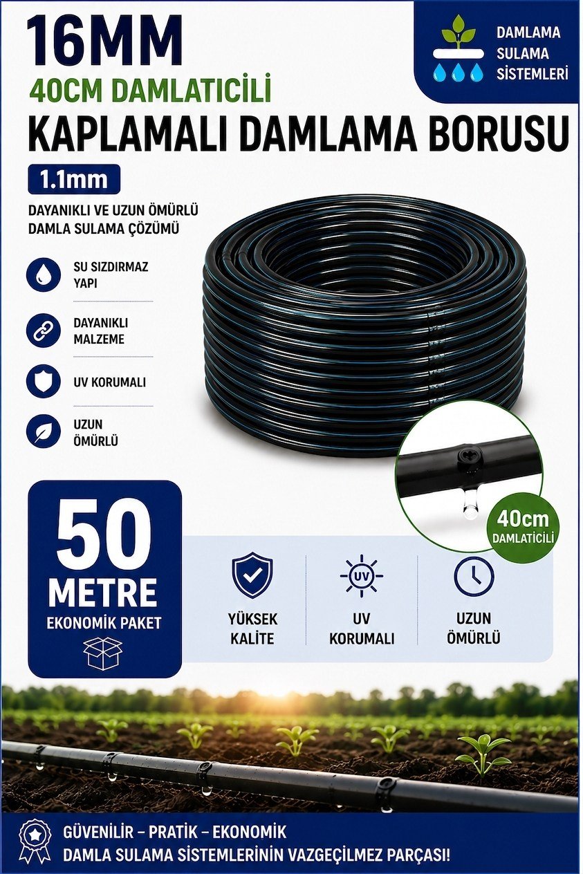 50 Metre 16mm 40cm Damlatıcılı Kaplamalı Damlama Sulama Borusu 