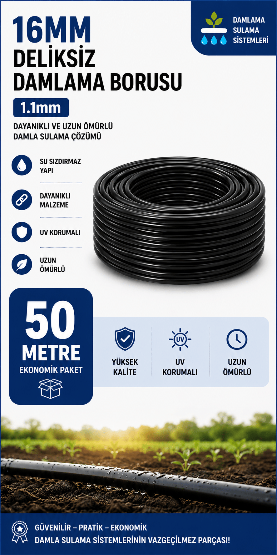 50 Metre 16mm Deliksiz Düz Damlama Borusu