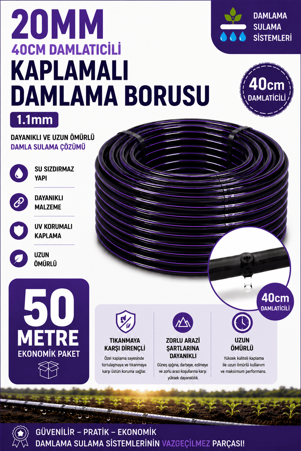 50 Metre 20mm 40cm Damlatıcılı Kaplamalı Damlama Sulama Borusu 