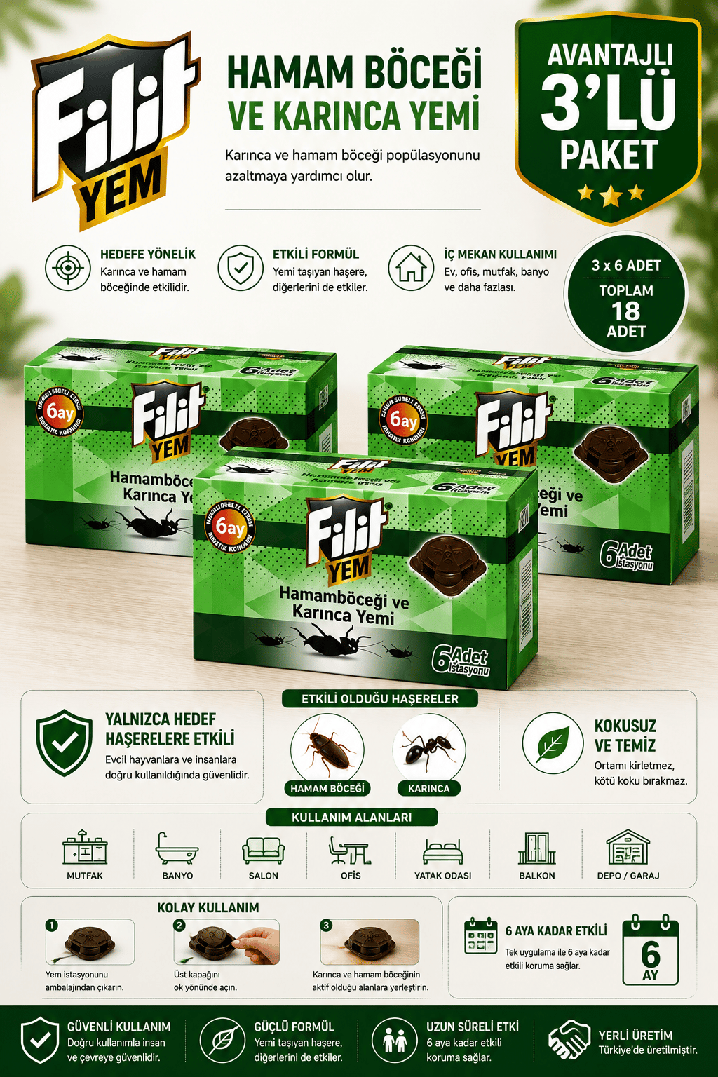 Filit 3 Kutu İstasyonlu Hamam Böceği ve Karınca Yemi