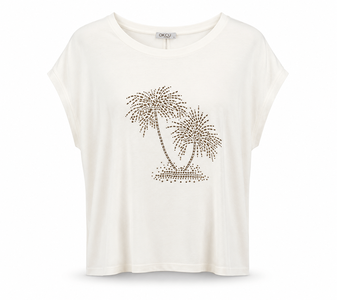 TAŞ İŞLEMELİ PALMİYE DESENLİ VİSKON T-SHIRT