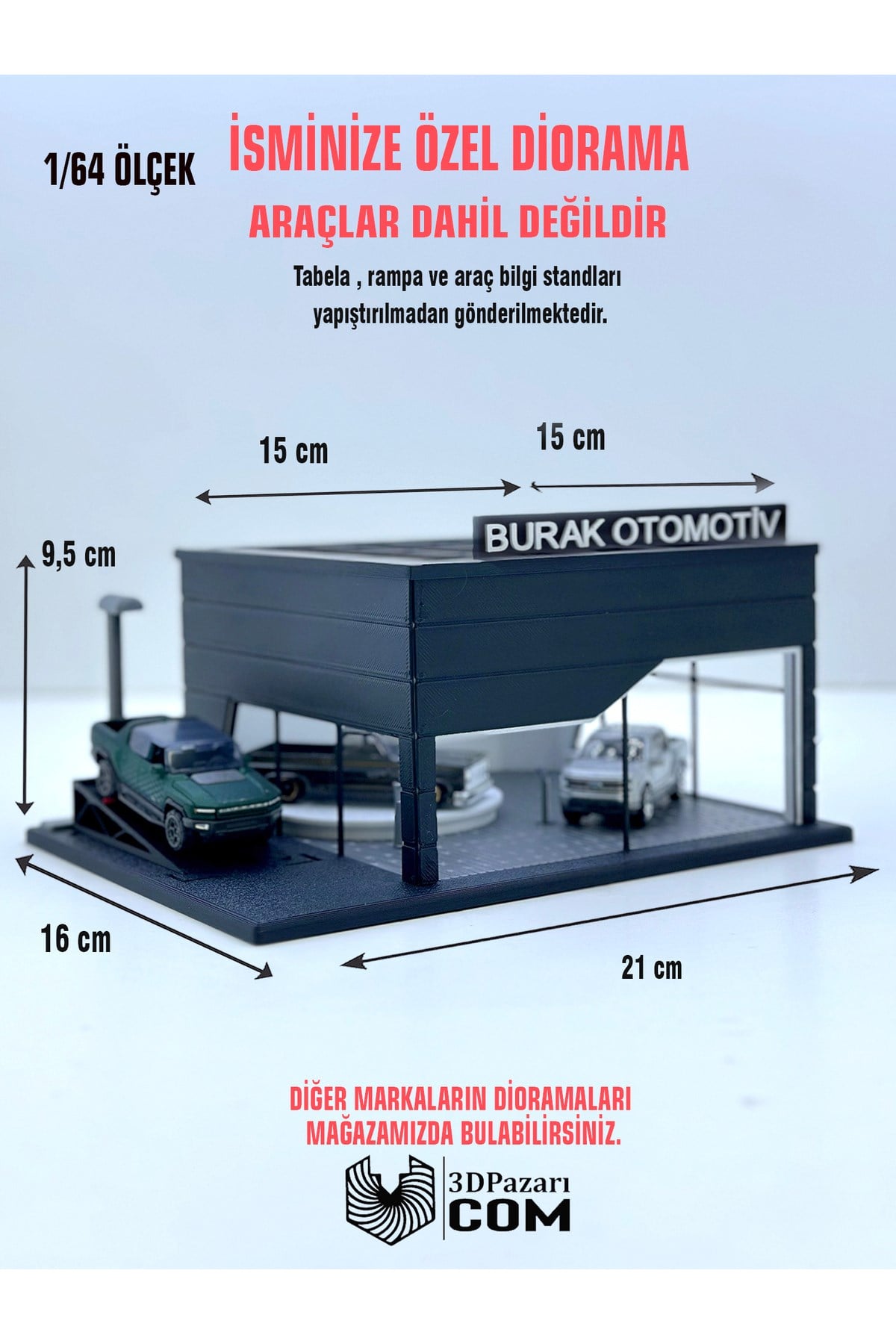 1/64 Ölçekli Siyah Renk Showroom Tasarımlı Diorama Araç Sergileme Garajı 3D Baskı