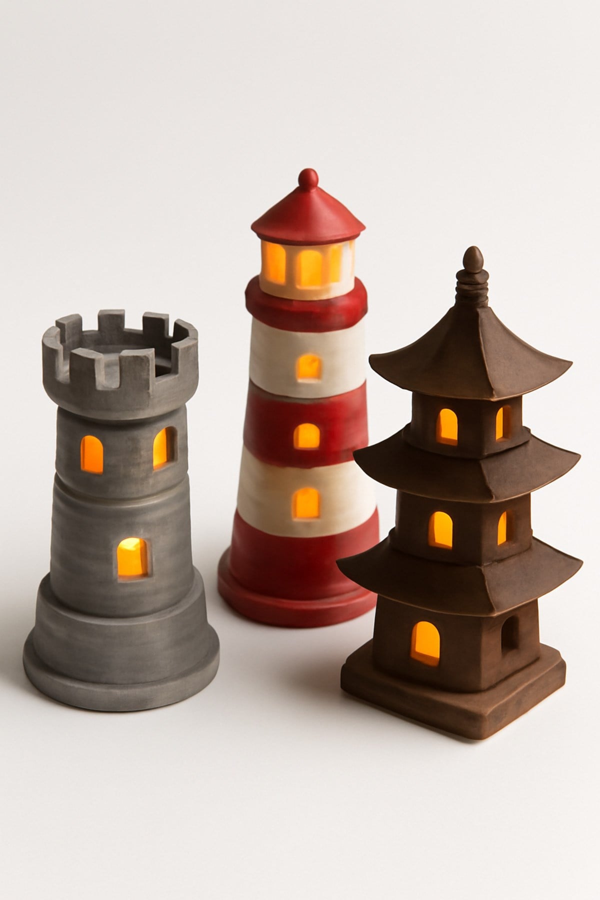 3 Adet Dekoratif Aydınlatma Mumluk Kule Üçlü Set Plastiktir. Tea Light Mum Dahildir.