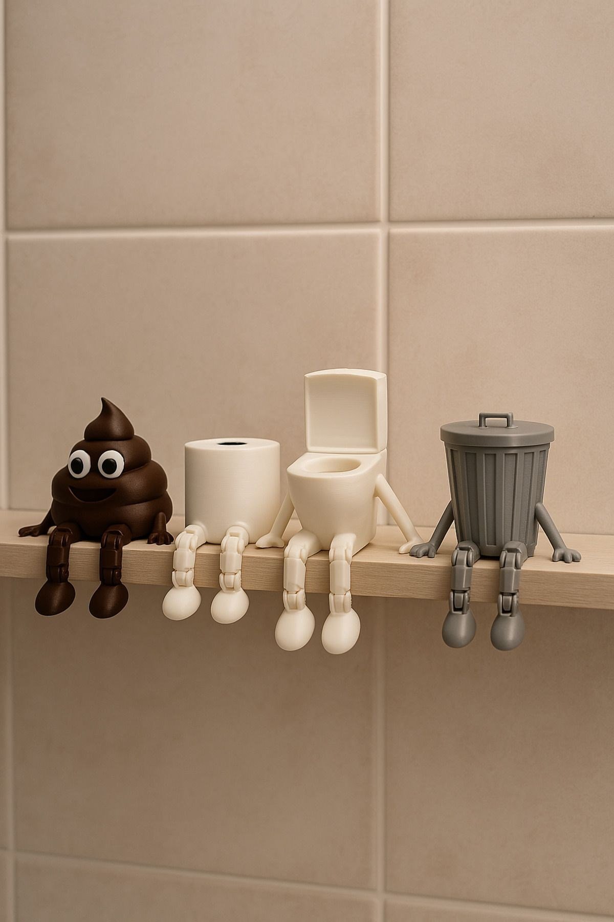 Banyo Dekor -dekoratif Figürler 4 lü Set (KLOZET, TUVALET KAĞIDI, ÇÖP, KAKA EMOJİLERİ)