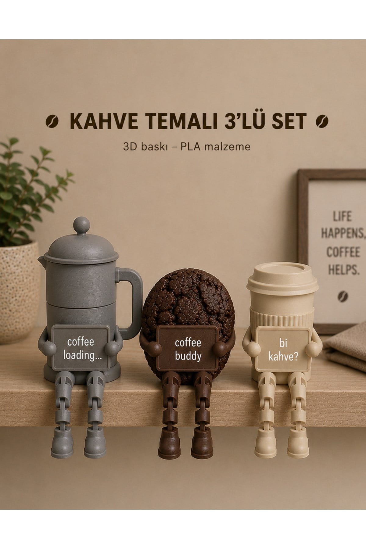 Kahve Temalı 3’lü Dekor Seti Hereketli ayaklı