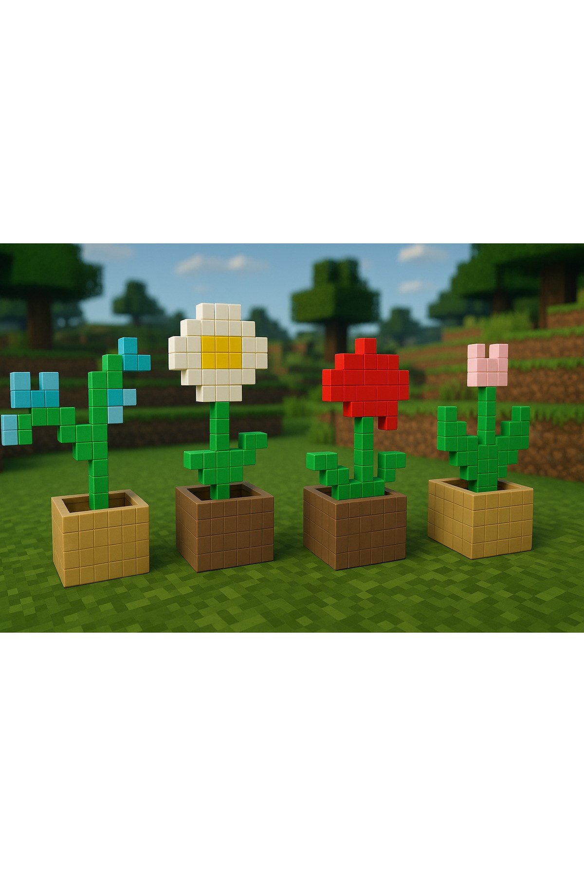 Minecraft 4 adet çiçek set - orchid - lale - papatya- kırmızı çiçek