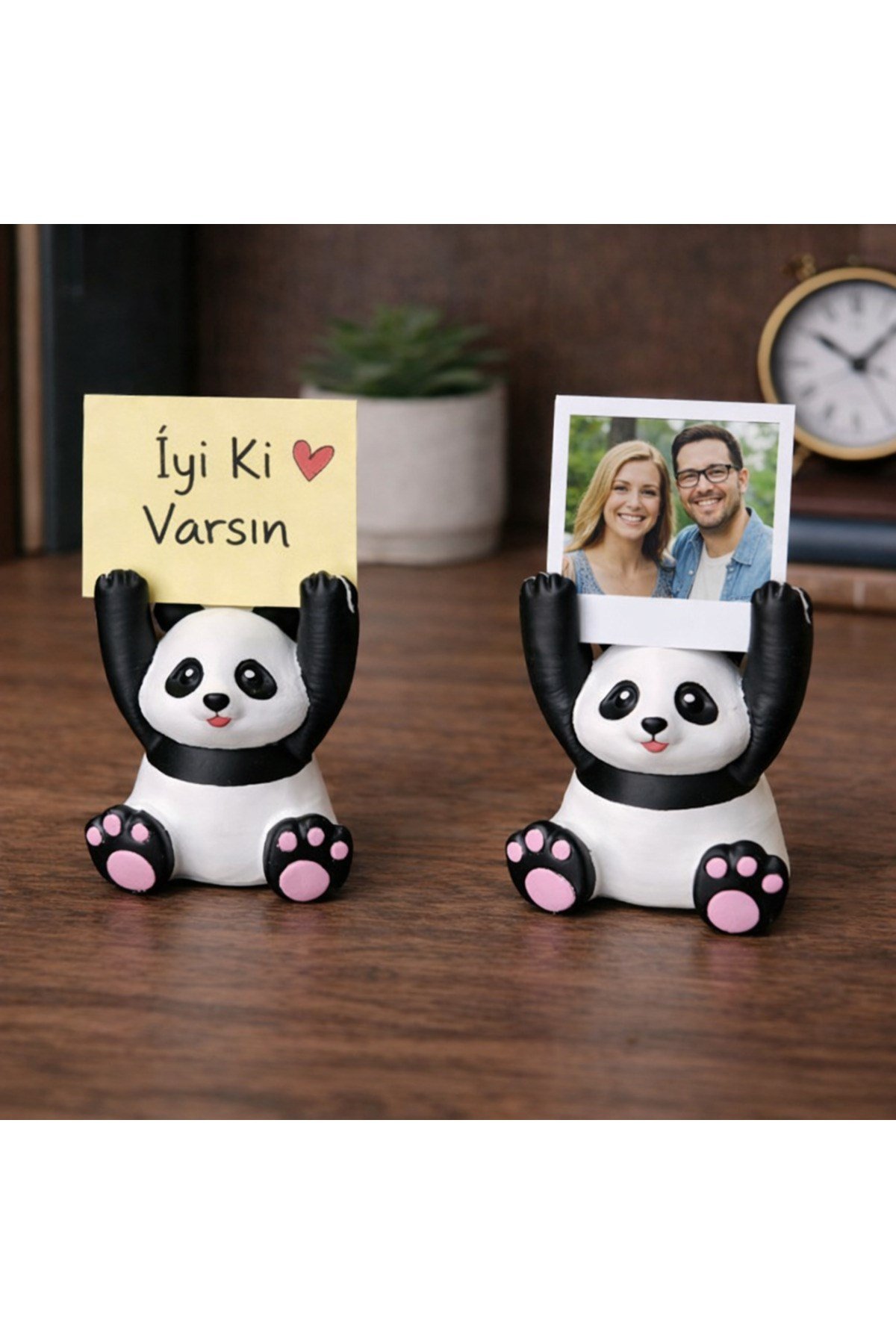 Sevimli Panda Fotoğraf ve Not Tutucu 2 Li Set – Dekoratif Masa Üstü Instax Fotoğraf Standı-Kahve