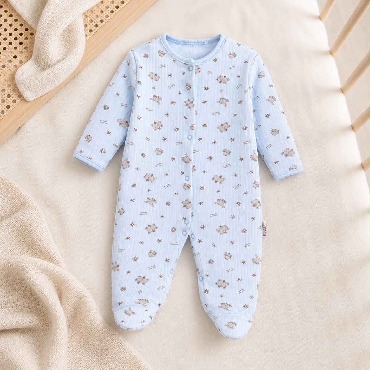 Unisex Bebek Çok Renkli Örme Ayıcıklı Patikli 3'lü Tulum Seti 3-9 Ay %100 Pamuk