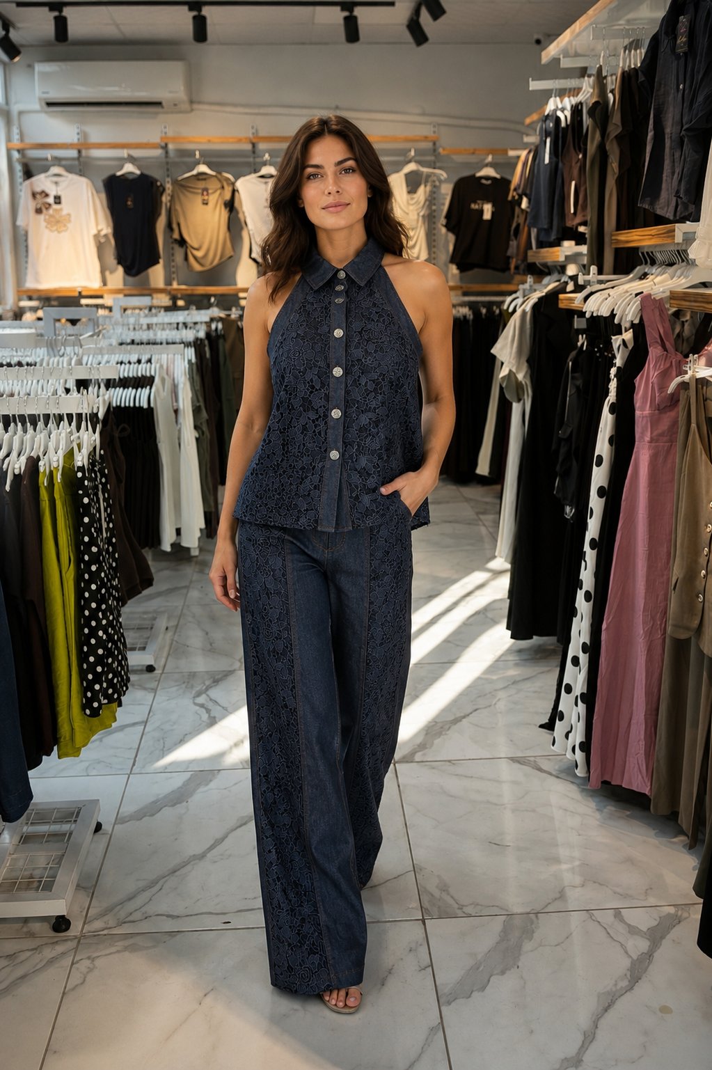     Premium Denim Dantel Detaylı Takım