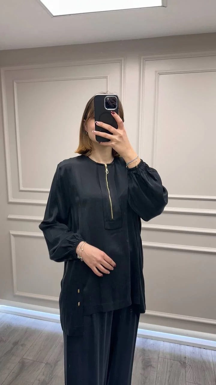 Clande CL25023000 Siyah Önü Fermuarlı Bluz