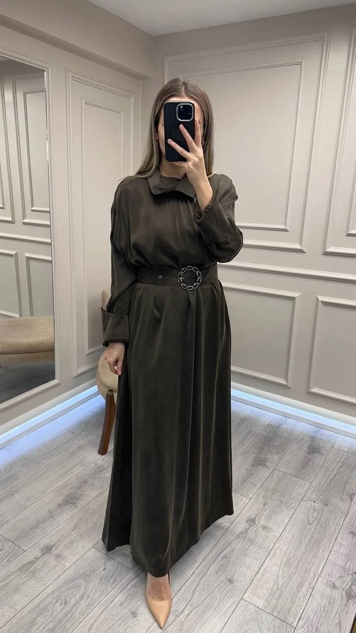 Clande CL25025001 Kahve Yaka Detaylı Elbise