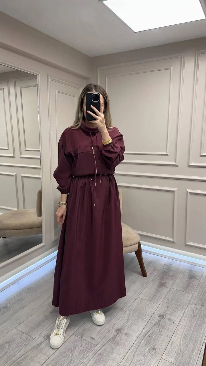 Clande CL25025009 Bordo Beli Bağlamalı Elbise