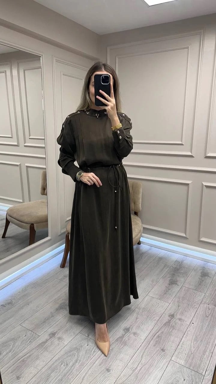 Clande CL25055006 Kahve Yaka Detaylı Elbise