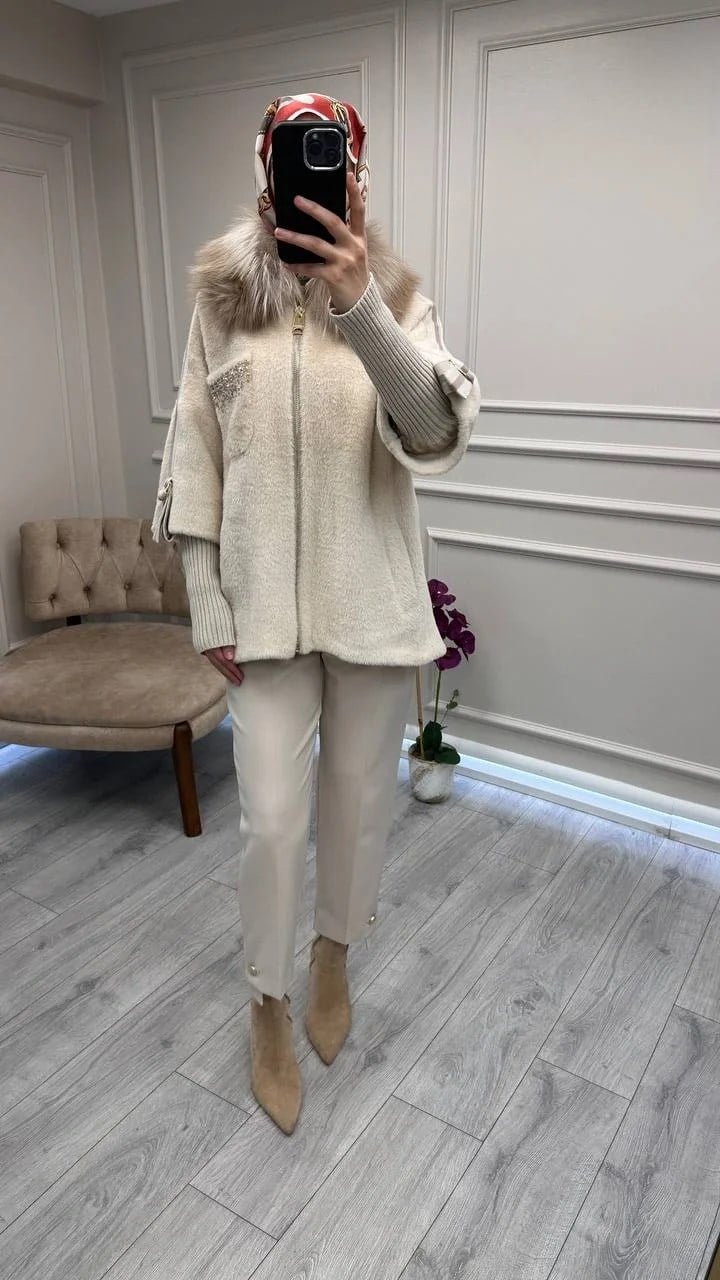 Etrucci 7210 Açık Bej Kürklü Angora Kısa Kaban