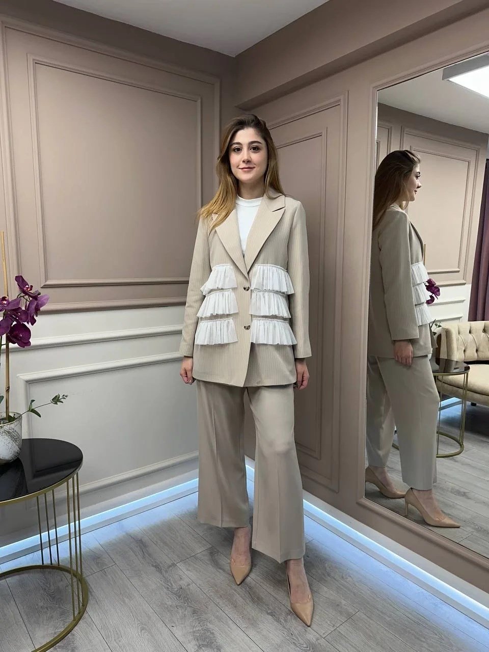 Ghisa 25YGSCKT3080 Bej Çizgili Ceket