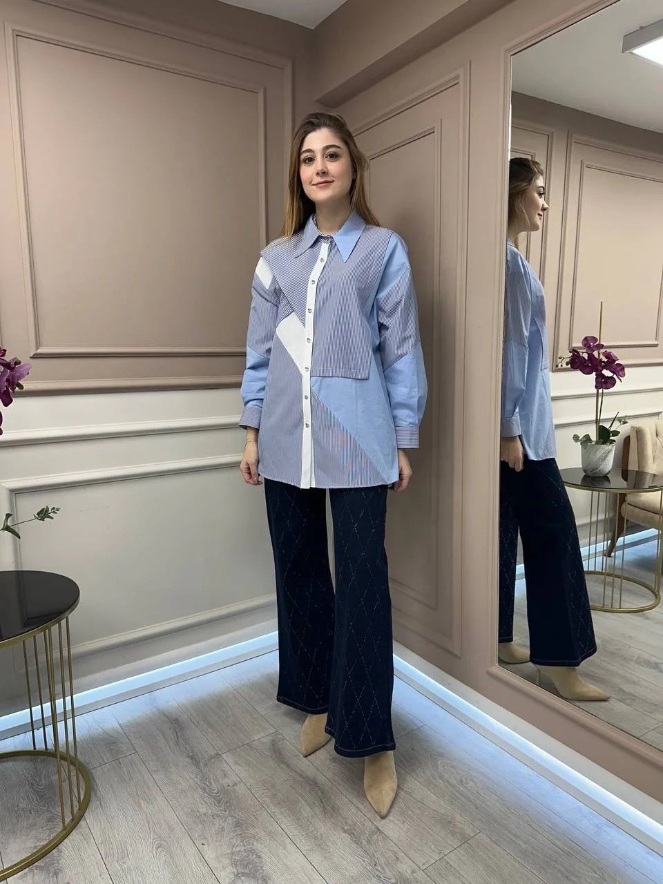 Ghisa 25YGSTNK4513 Koyu Mavi Bloklu Çizgili Tunik