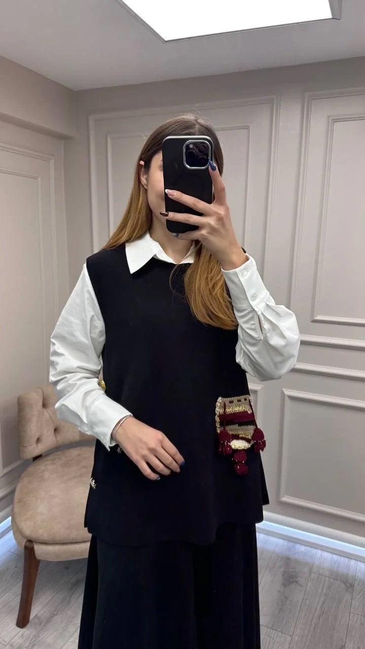 Ghisa 26KOBYLK3291 Siyah Nakış Detaylı Yelek