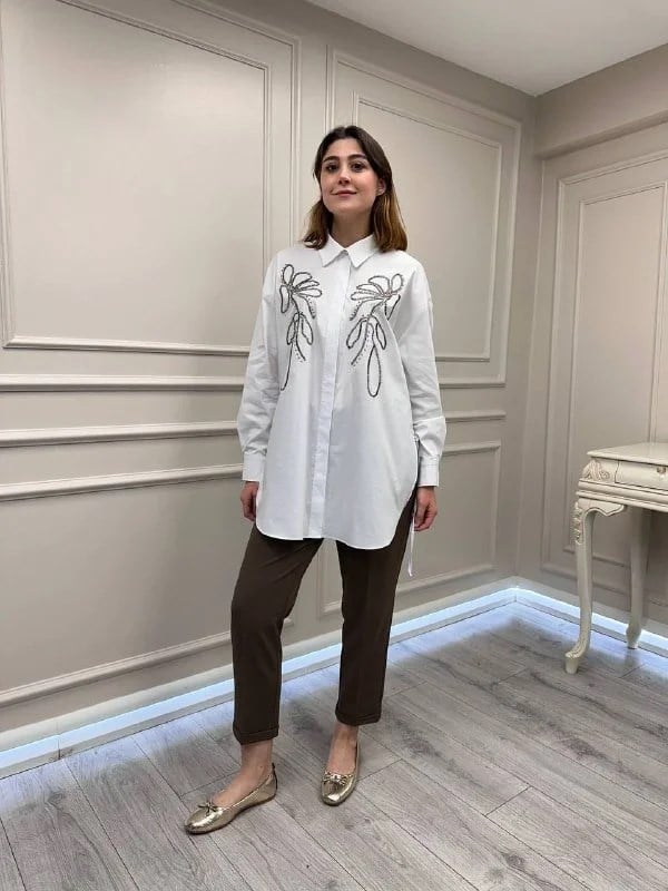 Ghisa 3610T4170B Beyaz Taş İşlemeli Tunik