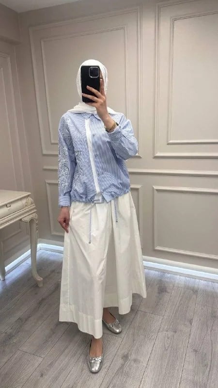 Ghisa 3610T4317 Kalın Çizgili Mavi İşleme Detaylı Tunik