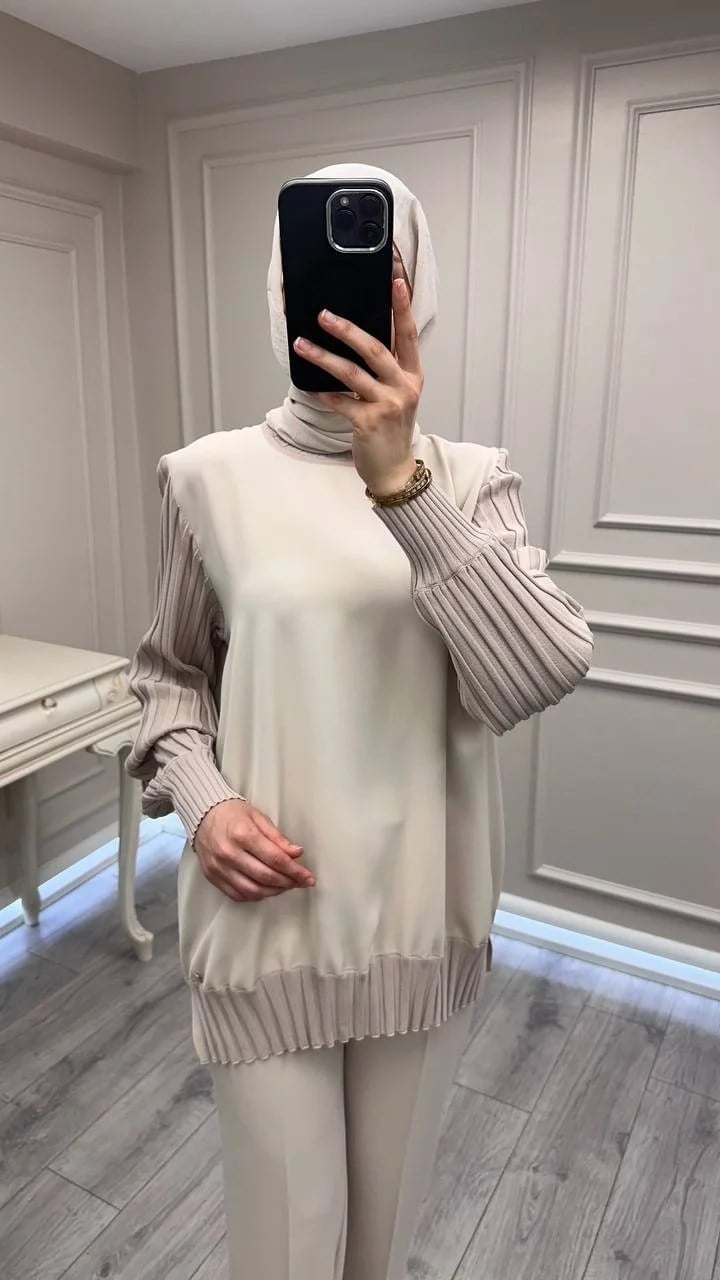 Ghisa 3630T4421 Bej Etek Ucu Ve Kolları Merserize Tunik