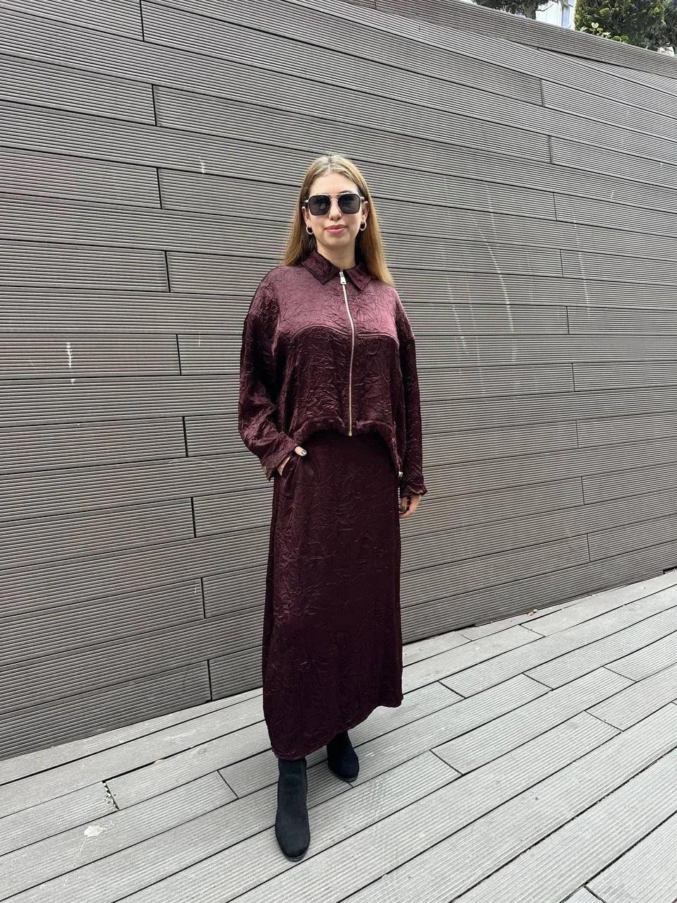 Ghisa 5KGSTKM3937 Kahve Akıcı Kırışık Kumaş Etekli Takım