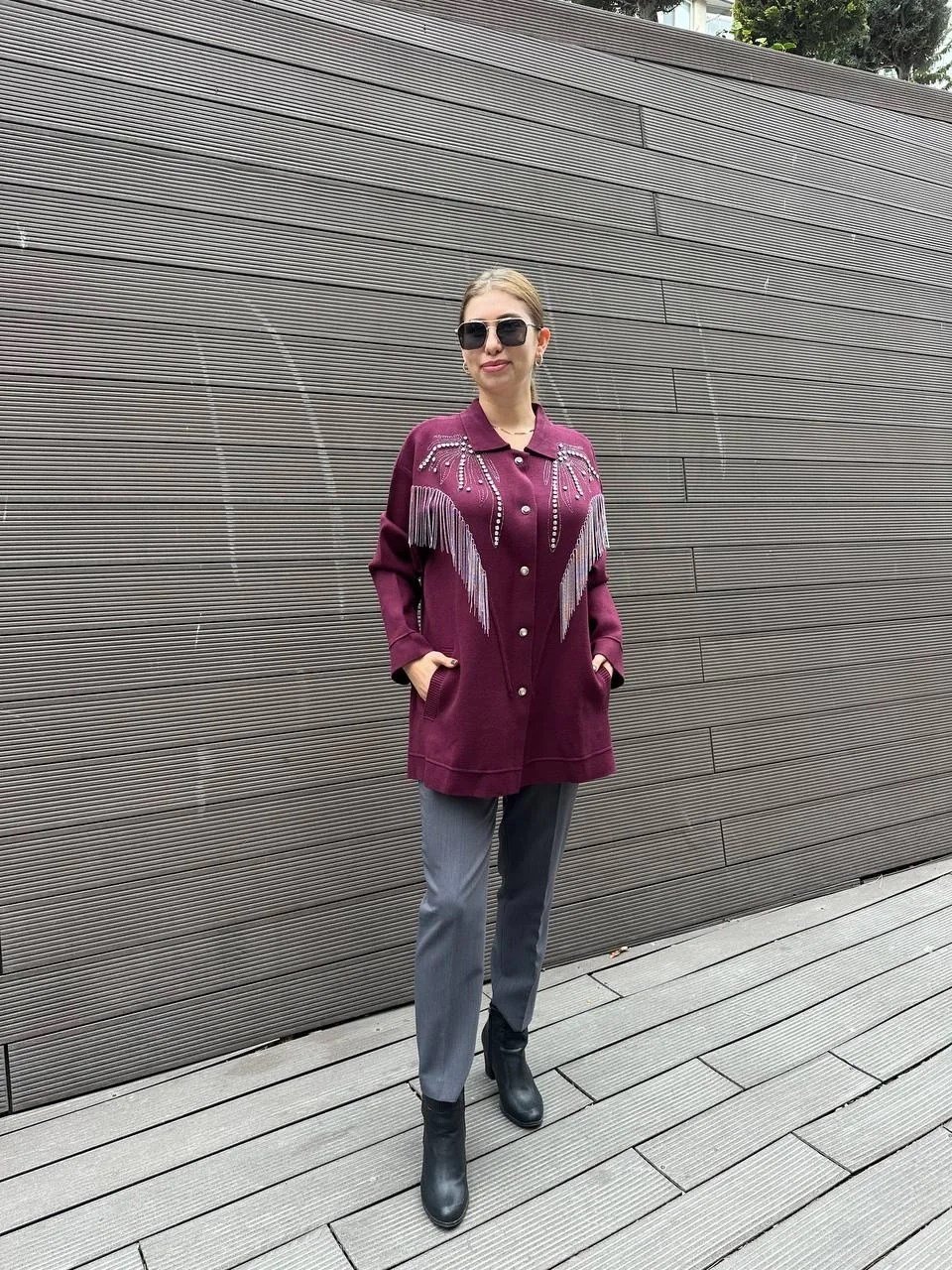 Ghisa 5KOBHRK3899 Bordo Taş Detaylı Triko Hırka