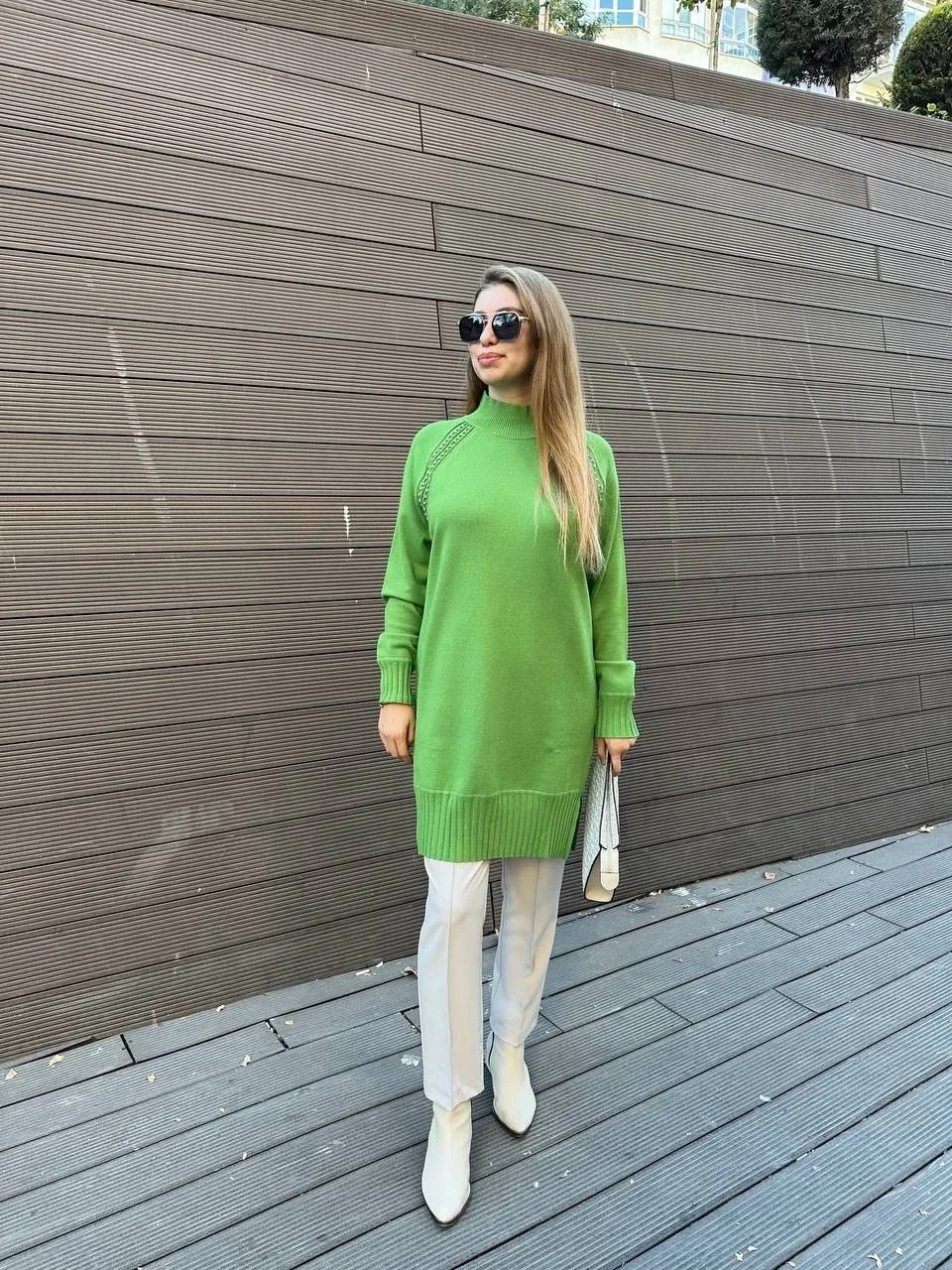 Ghisa 5KOBTNK4391 Yeşil Yakası Taşlı Triko Tunik
