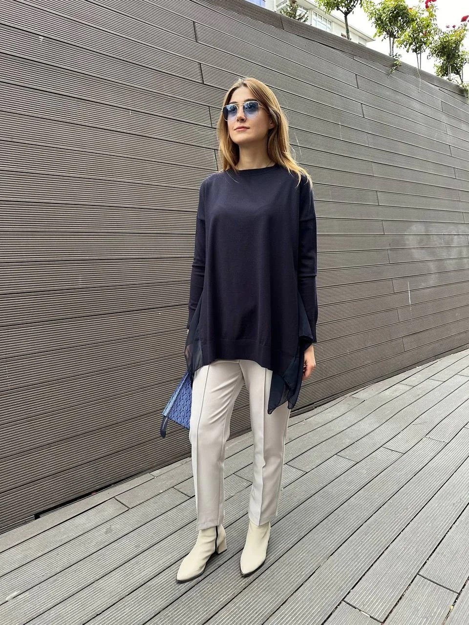 Ghisa 5KOBTNK4436 Lacivert Şifon Kumaş Detaylı Tunik