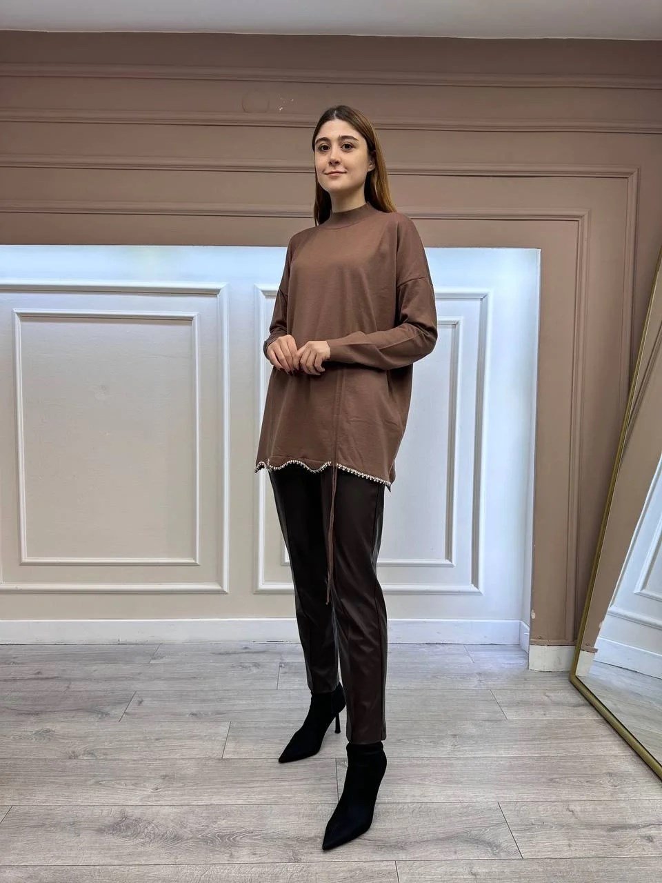Ghisa 5KOBTNK4780 Kahve Etek Ucu Detaylı Triko Tunik