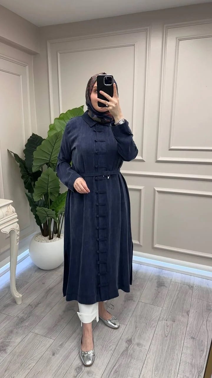 Hilay HLY0126K104.006 Lacivert Emosh Brithli Düğmeli Uzun Tunik