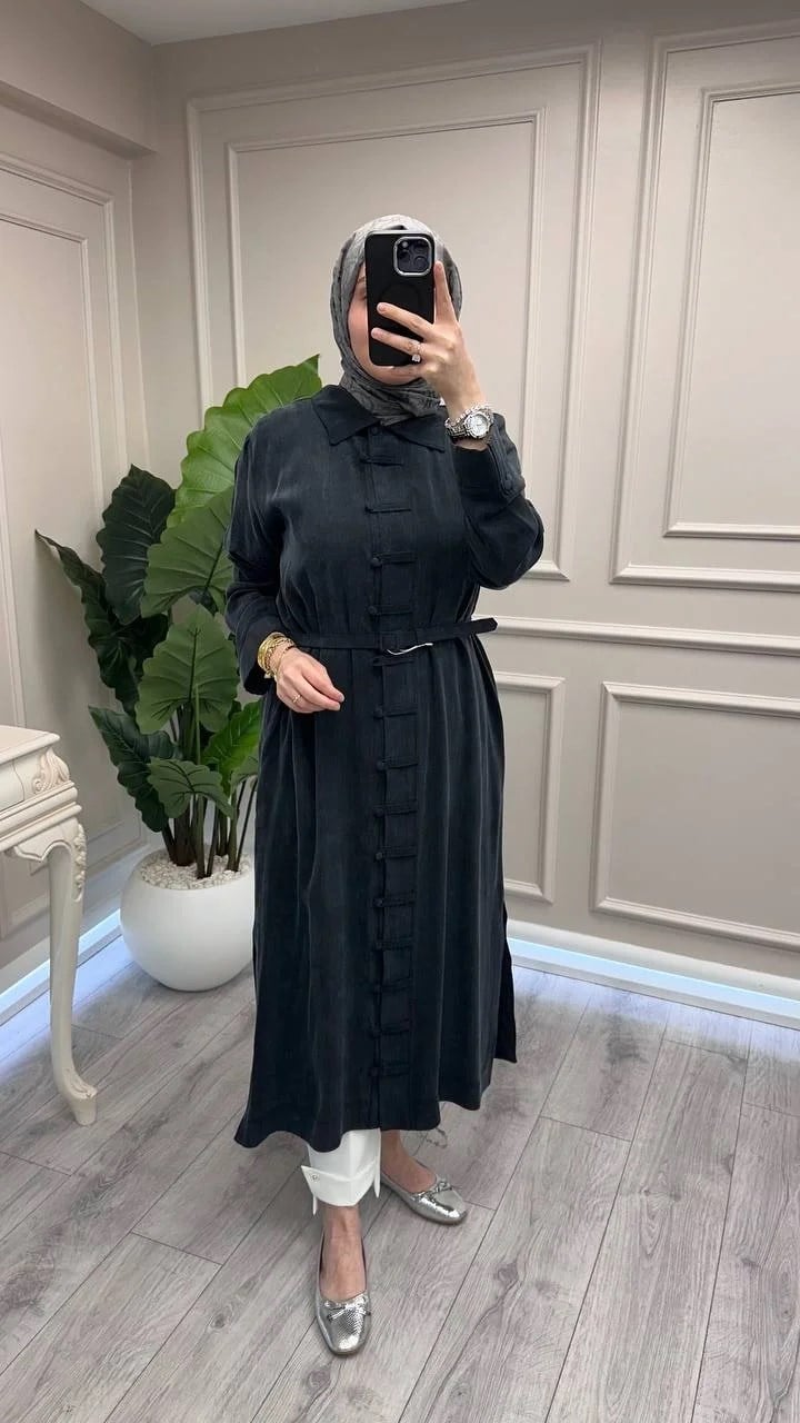 Hilay HLY0126K104.006 Siyah Emosh Brithli Düğmeli Uzun Tunik