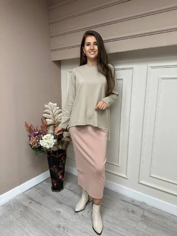 İnvee 5685 Pudra Triko Kalem Etek