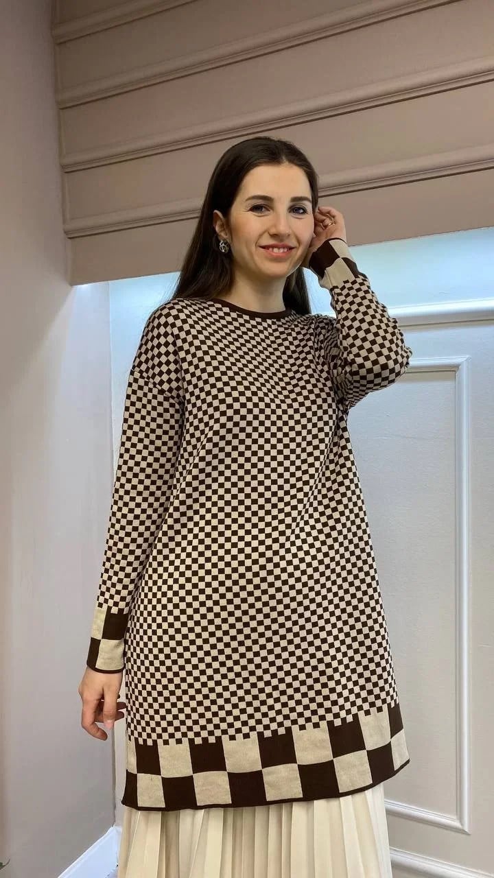 İnvee 6873 Kahve-Bej Küp Desenli Triko