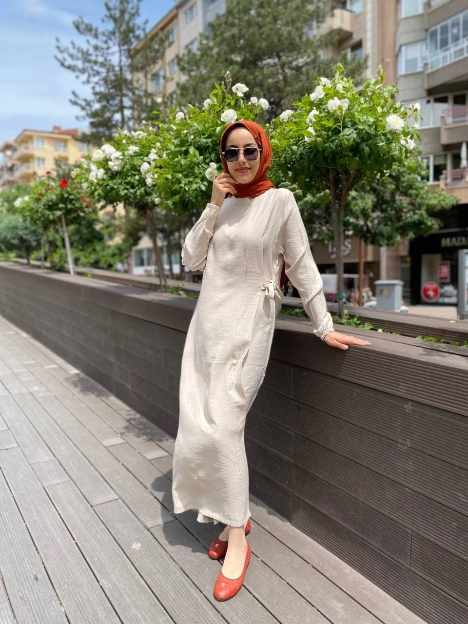 İnvee 6958 Krem Beli Bağlamalı Elbise