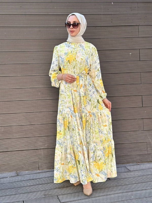 Merwish MRW1746 Sarı Bloom Serisi Elbise