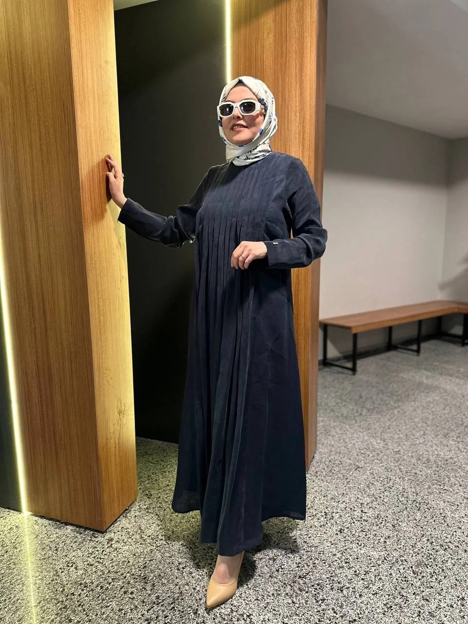 Miss Dalida 2264257 Lacivert Uzun Kollu Keten Cupro Elbise
