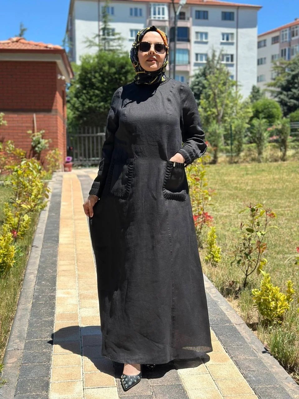 Miss Dalida 2264259 Siyah Uzun Kollu Cepli Keten Elbise