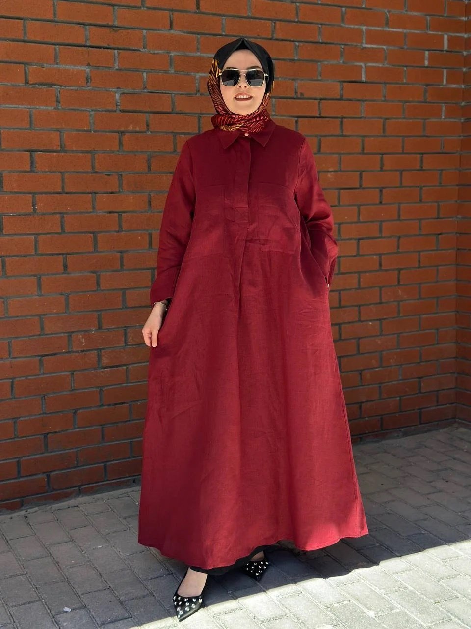 Miss Dalida 2264260 Cherry Önü Cepli Basic Keten Elbise