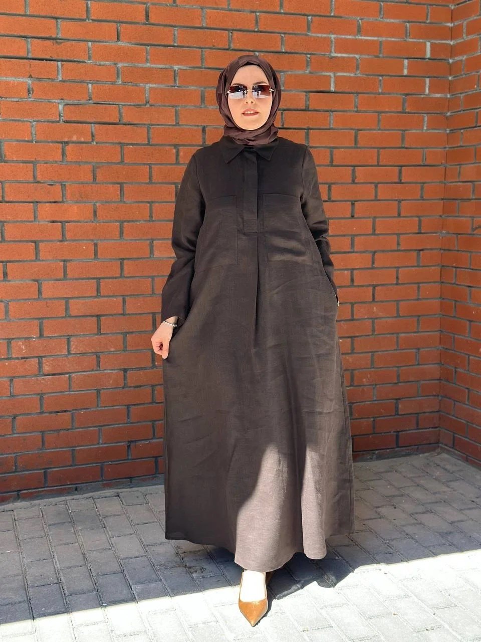 Miss Dalida 2264260 Kahverengi Önü Cepli Basic Keten Elbise