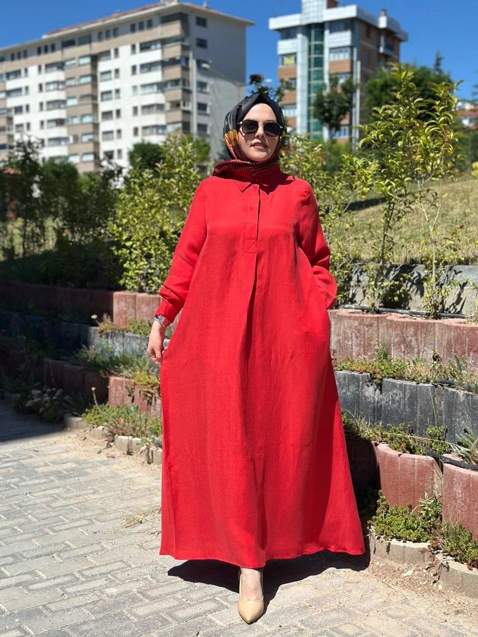 Miss Dalida 2264351 Kırmızı Gömlek Yaka İpek Keten Uzun Elbise