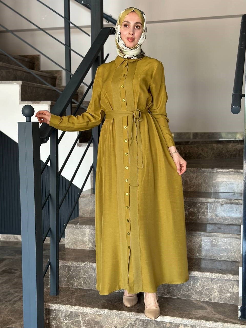 Miss Dalida 2264551 Amber Erkek Yaka İpek Keten Uzun Elbise