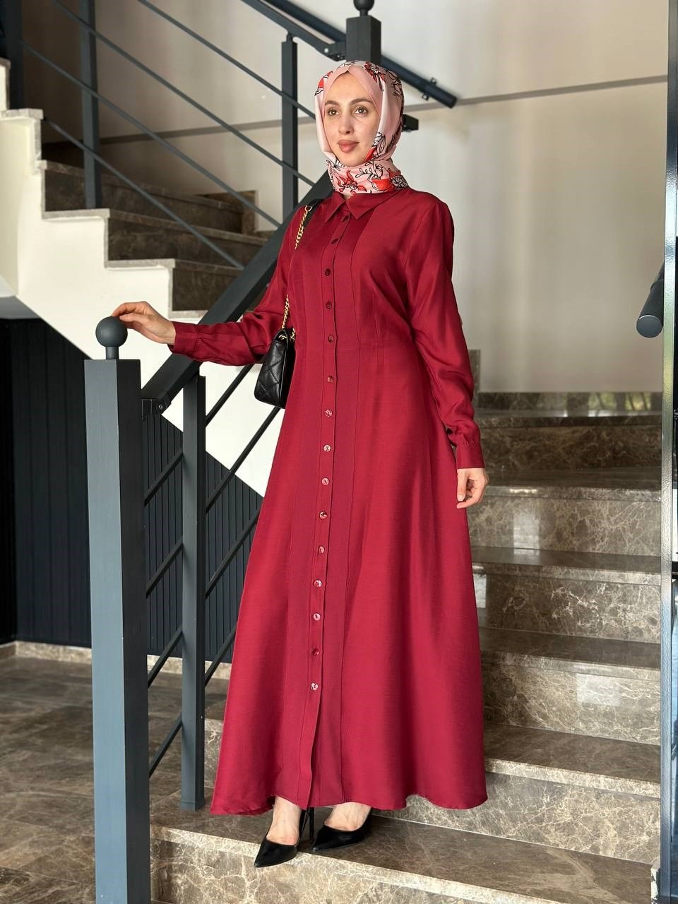 Miss Dalida 2264551 Cherry Erkek Yaka İpek Keten Uzun Elbise