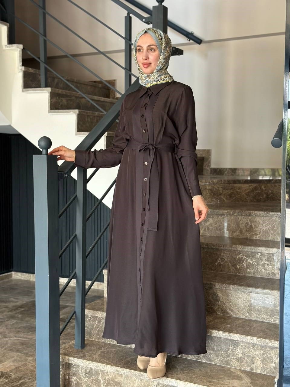 Miss Dalida 2264551 Kahverengi Erkek Yaka İpek Keten Uzun Elbise
