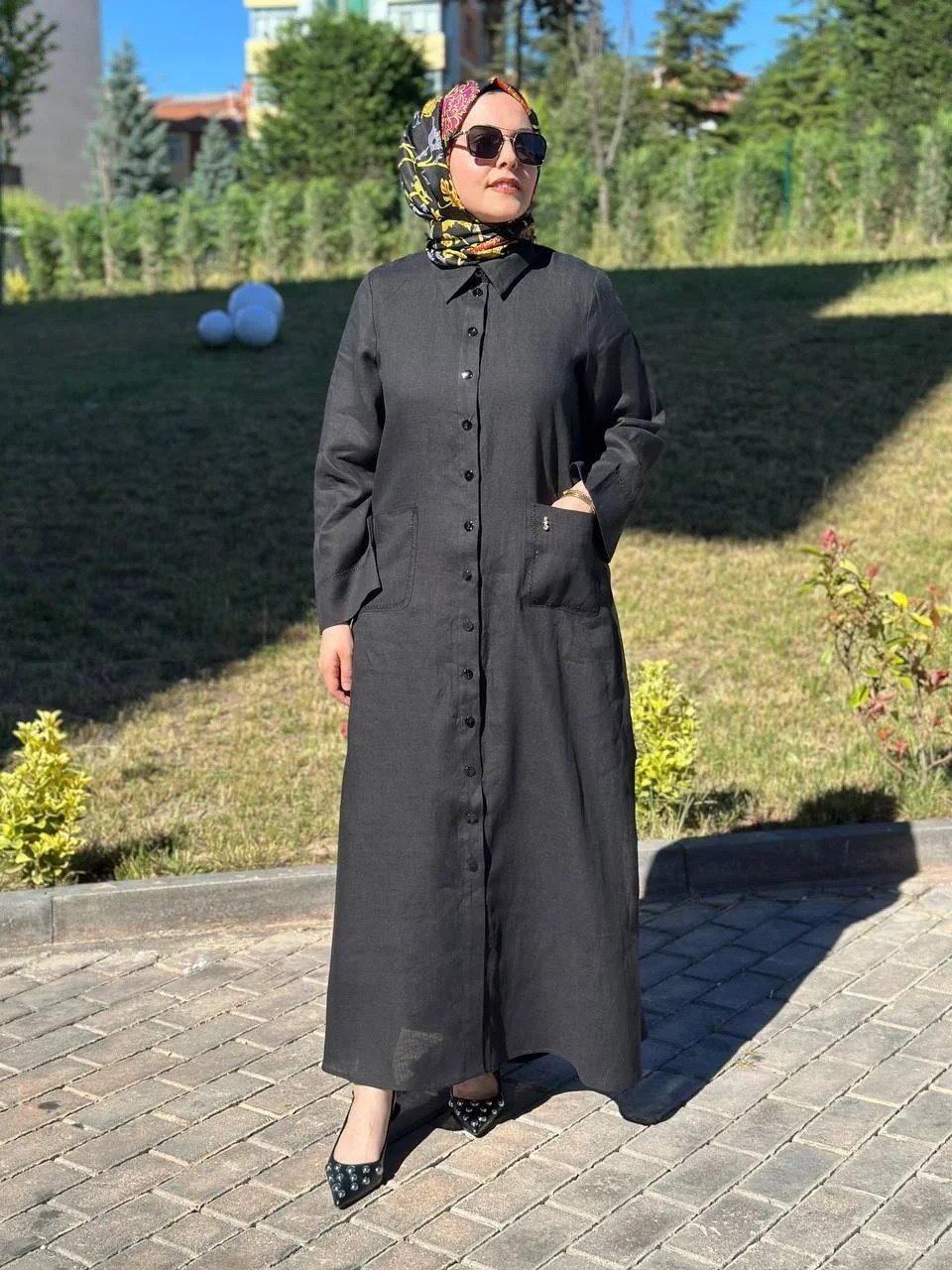 Miss Dalida 2268284 Siyah Nakış Detaylı Düğmeli Keten Uzun Kap