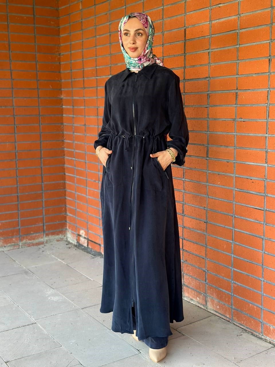 Miss Dalida 2268329 Dark Navy Fermuarlı Beli Büzgülü Cupro Ceket