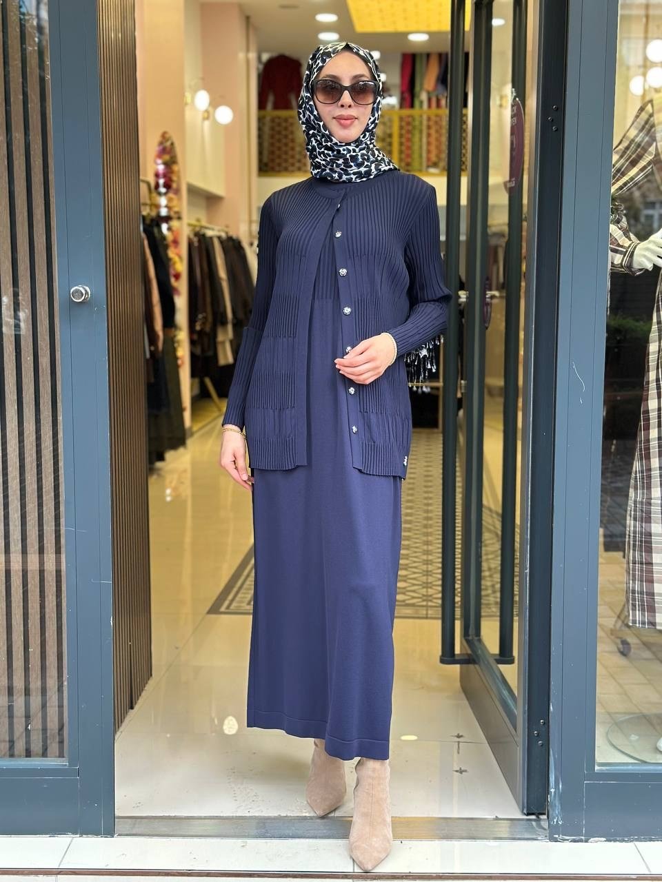 Miss Dalida 3260001 Lacivert Örgü Teknikli Elbise Hırka Takım