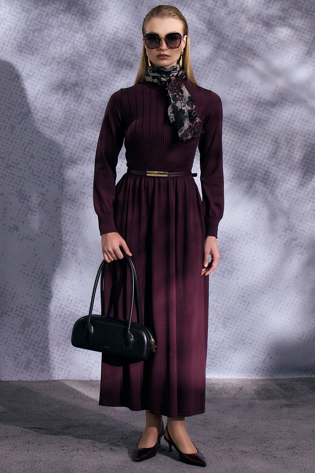 Miss Dalida 3264001 Bordo Kalın Fitilli Triko Elbise