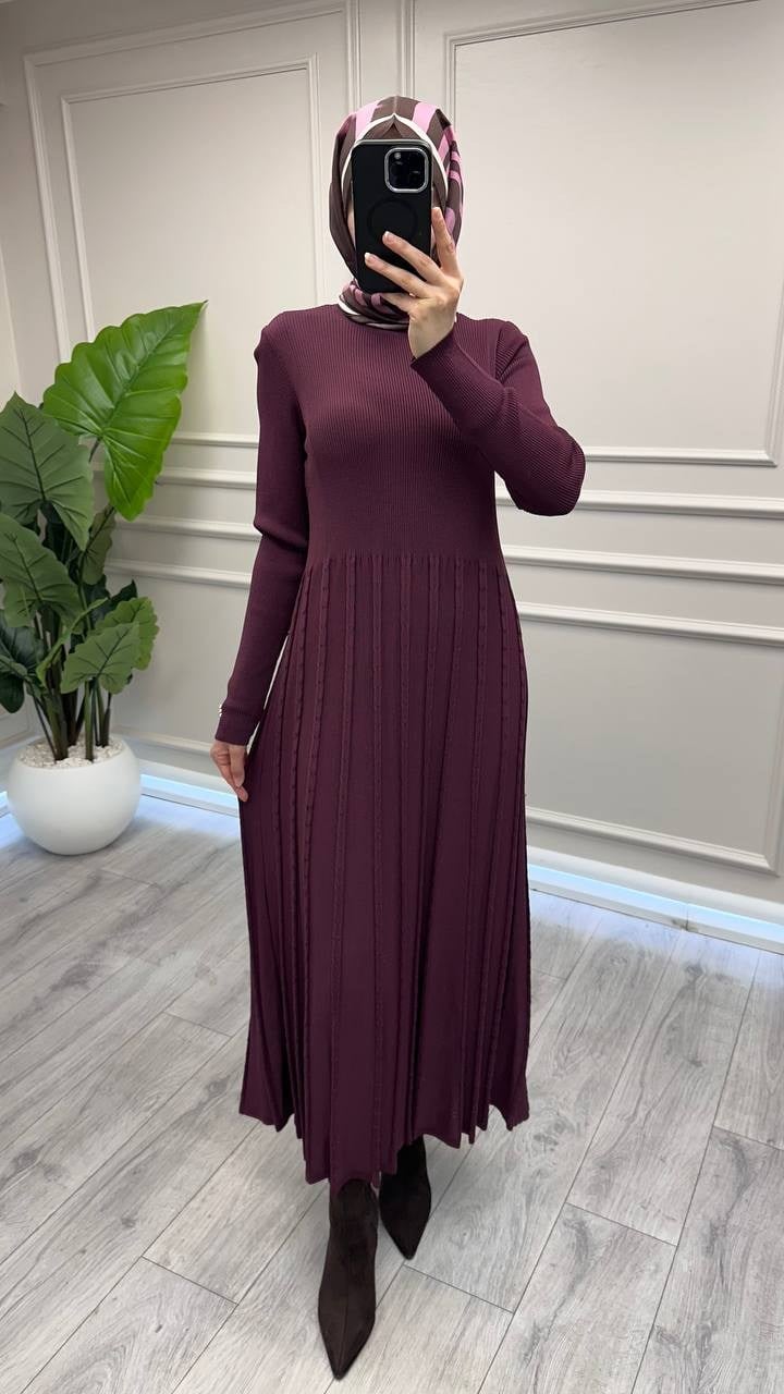 Miss Dalida 3264002 Bordo İnce Fitilli Plise Detaylı Triko Elbise
