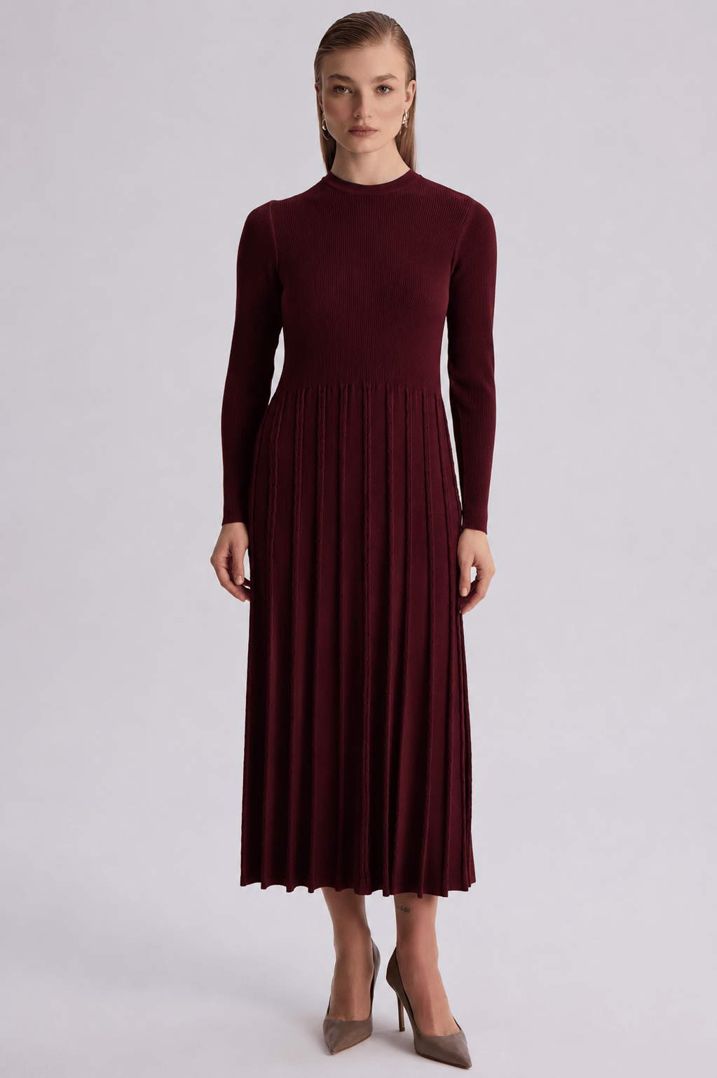 Miss Dalida 3264002 Haki İnce Fitilli Plise Detaylı Triko Elbise