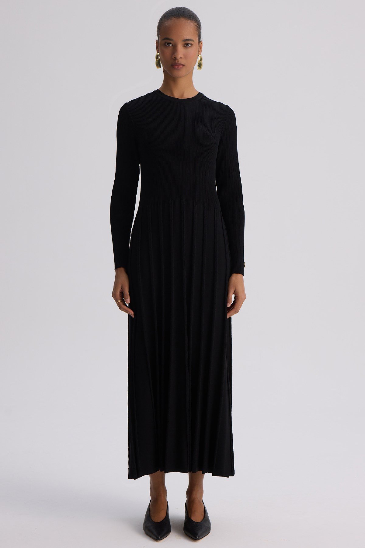 Miss Dalida 3264002 Siyah İnce Fitilli Plise Detaylı Triko Elbise